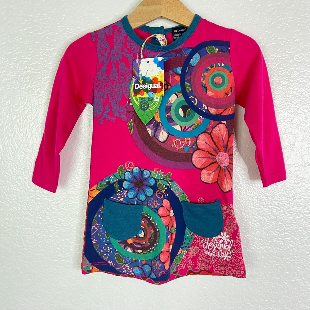 New DESIGUAL Organic Cotton Long Sleeve Floral Tunic Dress 18 month